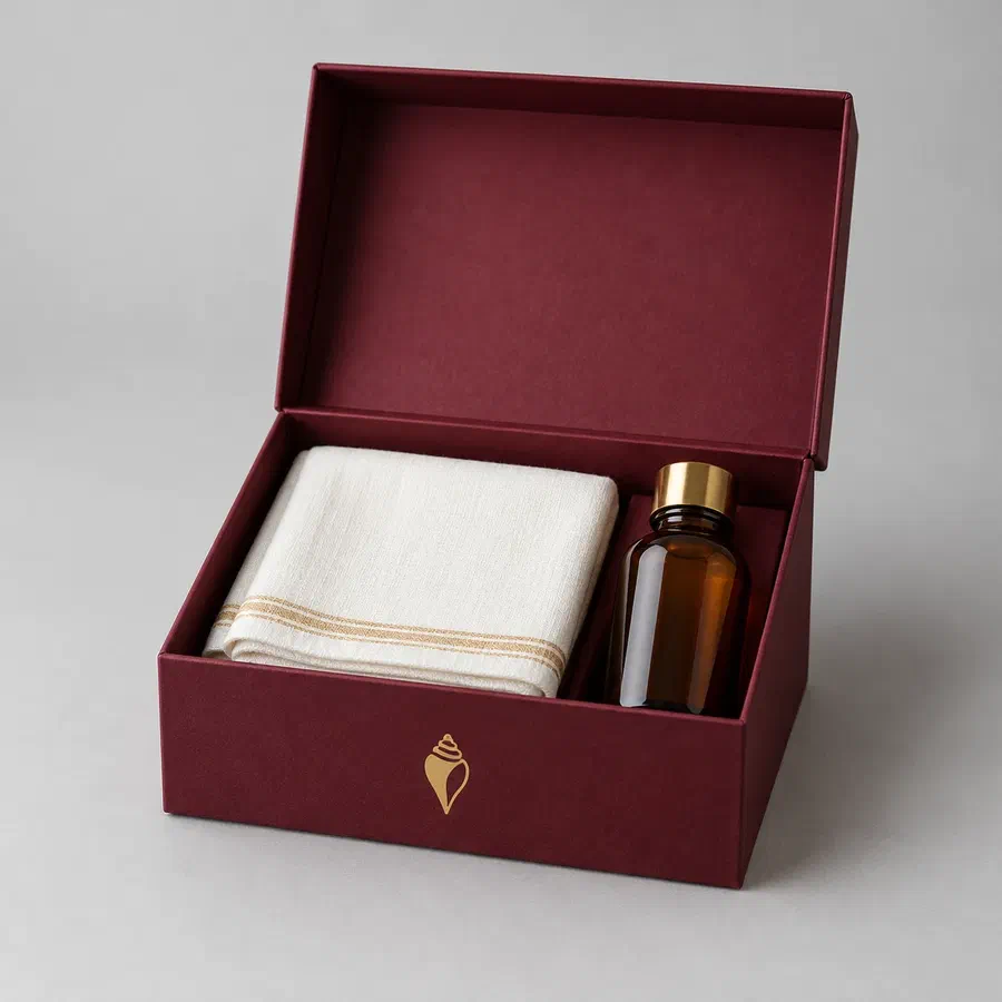 Murti care kit concept: a soft cloth and bottle in a maroon Eshtam box