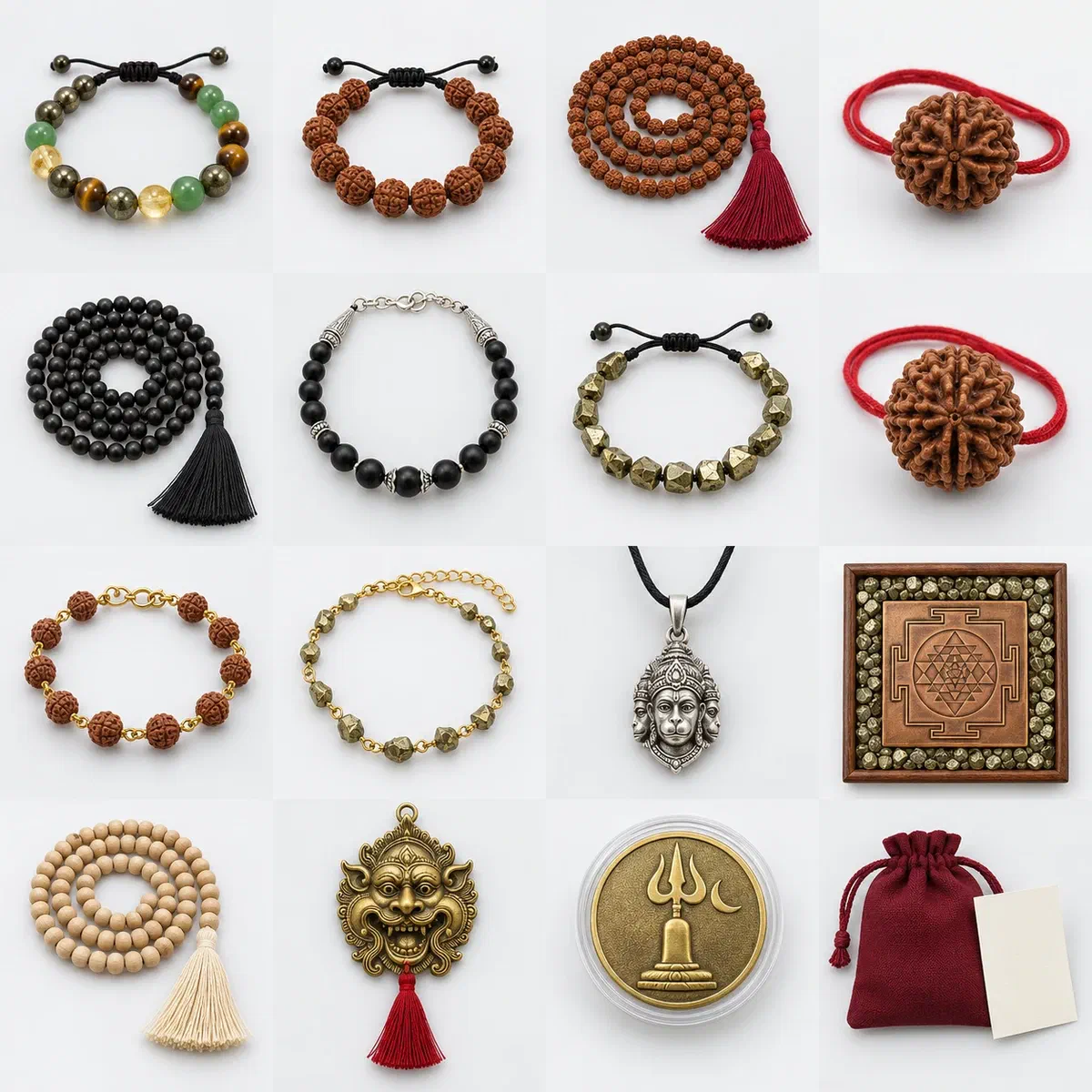 Illustrations of the first proposed essentials: rudraksha, malas, bracelets, a pendant, a yantra frame and a devotional coin