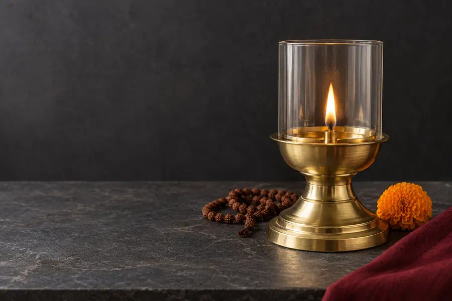 The Akhand diya design concept: a brass diya with a glass wind guard