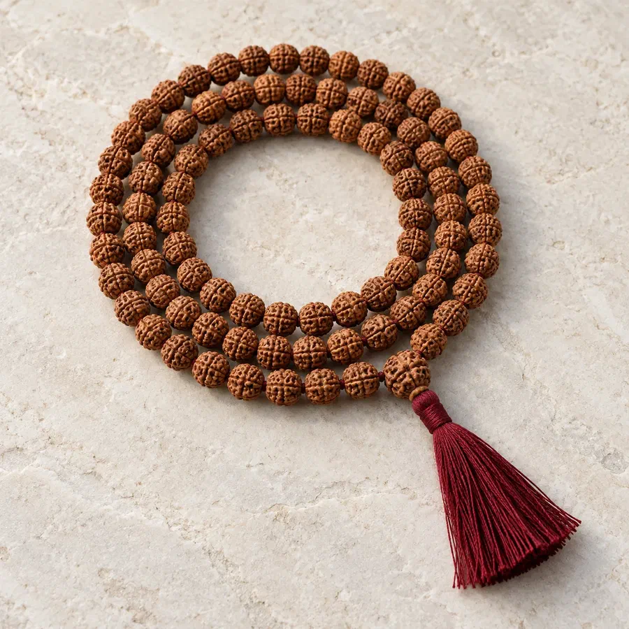 A rudraksha japa mala with a maroon tassel