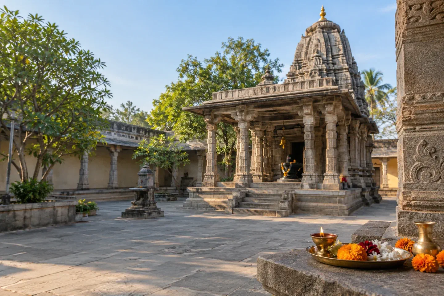 Illustrative traditional stone temple courtyard
